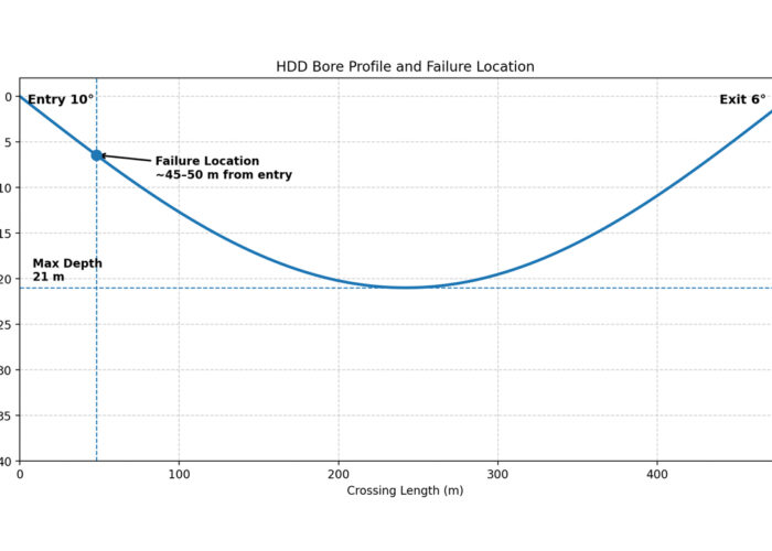 Figure 5 illustrates the HDD bore geometry and the approximate location of the drill rod failure relative to the reamer assembly.